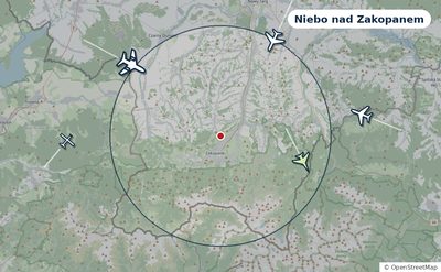 Mapa okolic miasta z sylwetkami samolotów — Niebo nad Zakopanem na żywo