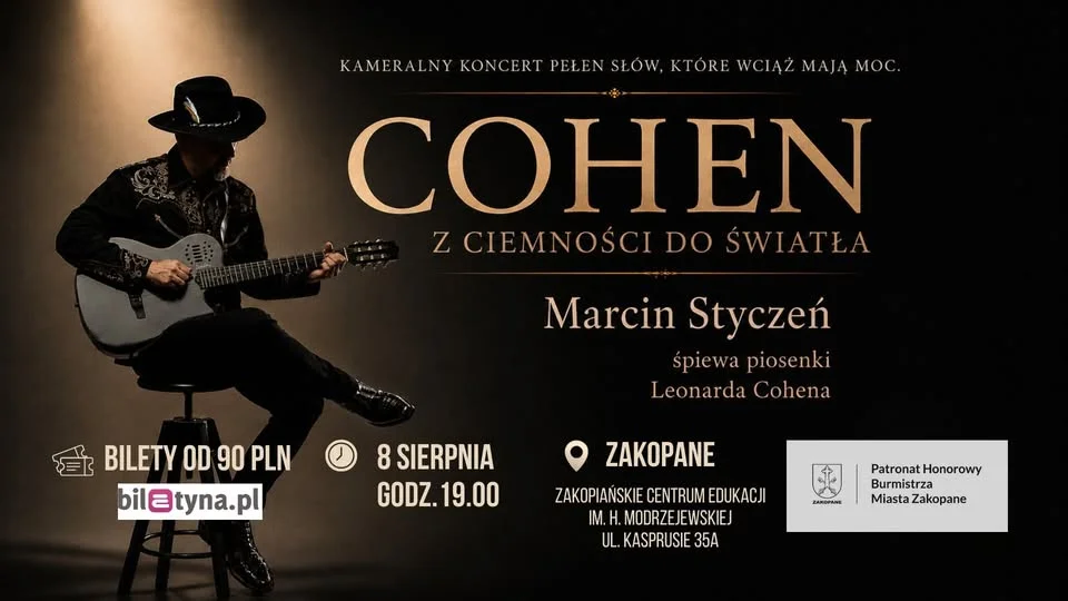 Grafika promocyjna wydarzenia Cohen. Z ciemności do światła w Zakopanem – koncert z piosenkami Leonarda Cohena