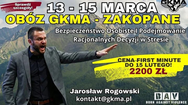 Grafika promocyjna wydarzenia Obóz GKMA Zakopane — samoobrona i treningi 13–15 marca 2026