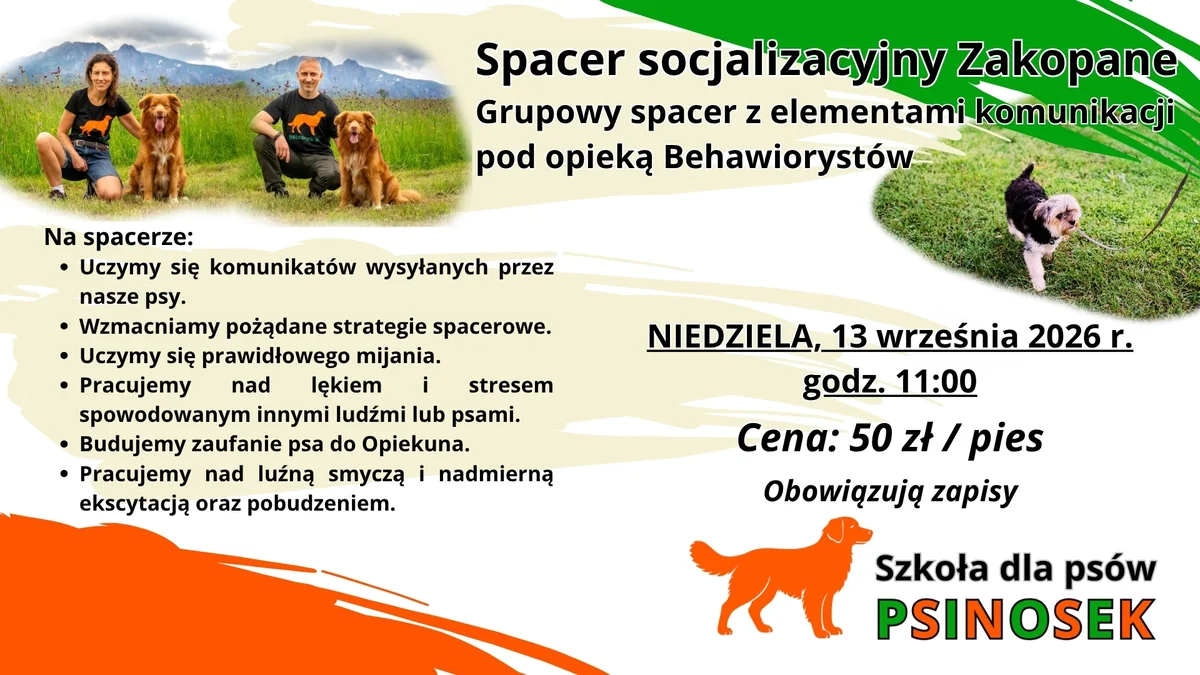 Grafika promocyjna wydarzenia Spacer socjalizacyjny dla psów dorosłych – Zakopane
