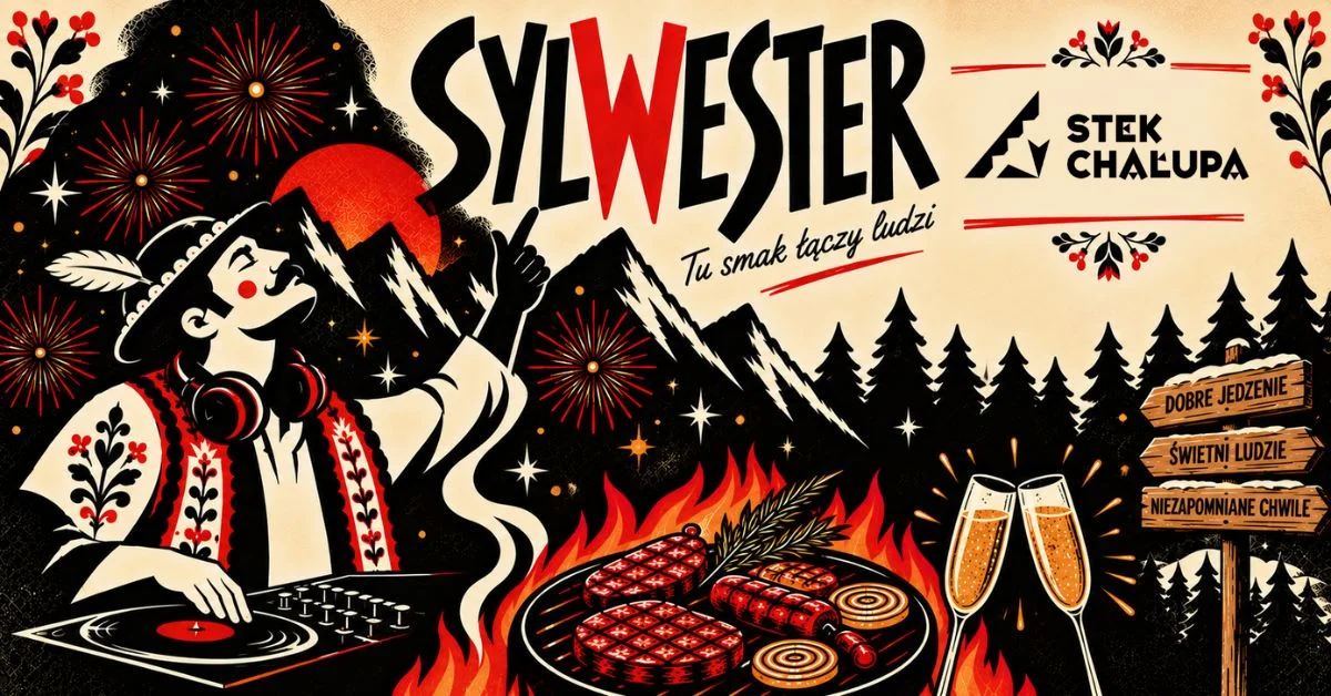 Grafika promocyjna wydarzenia Sylwester 2026/2027 w Stek Chałupie z DJ-em