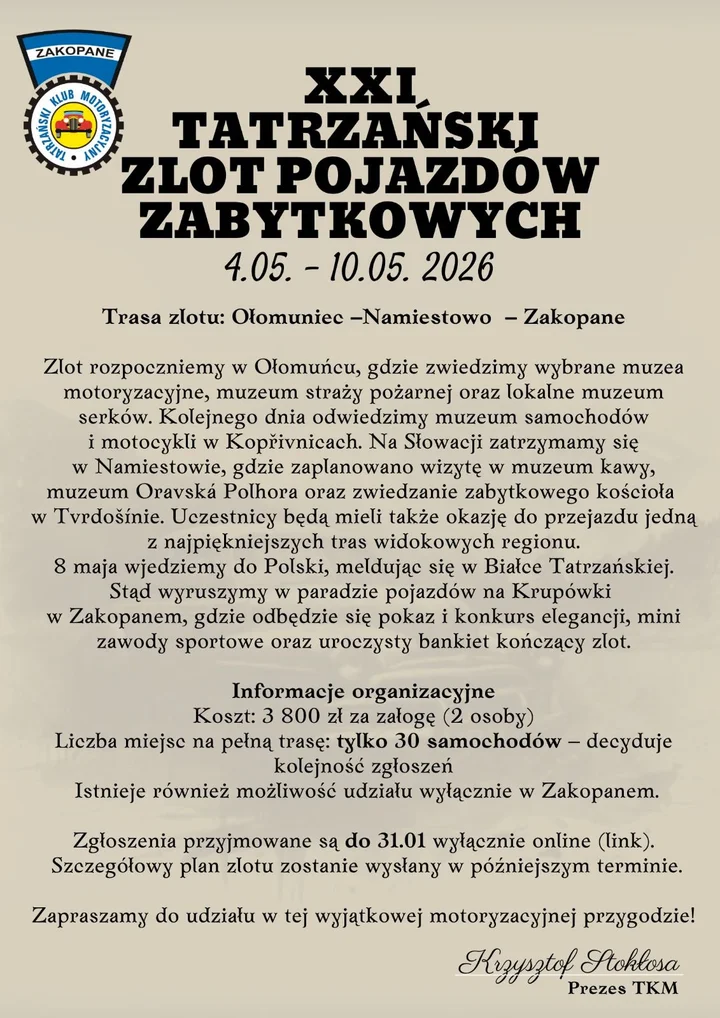 Grafika promocyjna wydarzenia Tatrzański Zlot zPojazfow Zabytkpwych — zlot pojazdów zabytkowych w Zakopanem