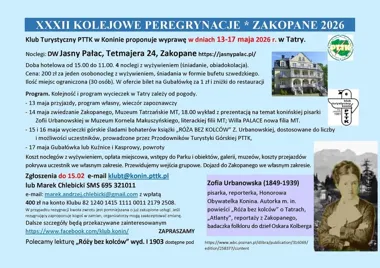 Grafika promocyjna wydarzenia 32. Kolejowe Peregrynacje Zakopane — trasy i program (13–17 maja 2026)