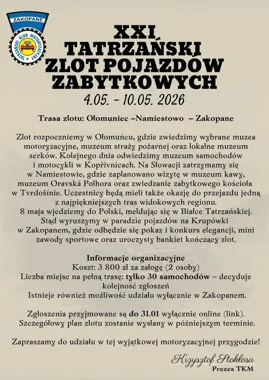 Grafika promocyjna wydarzenia Tatrzański Zlot zPojazfow Zabytkpwych — zlot pojazdów zabytkowych w Zakopanem