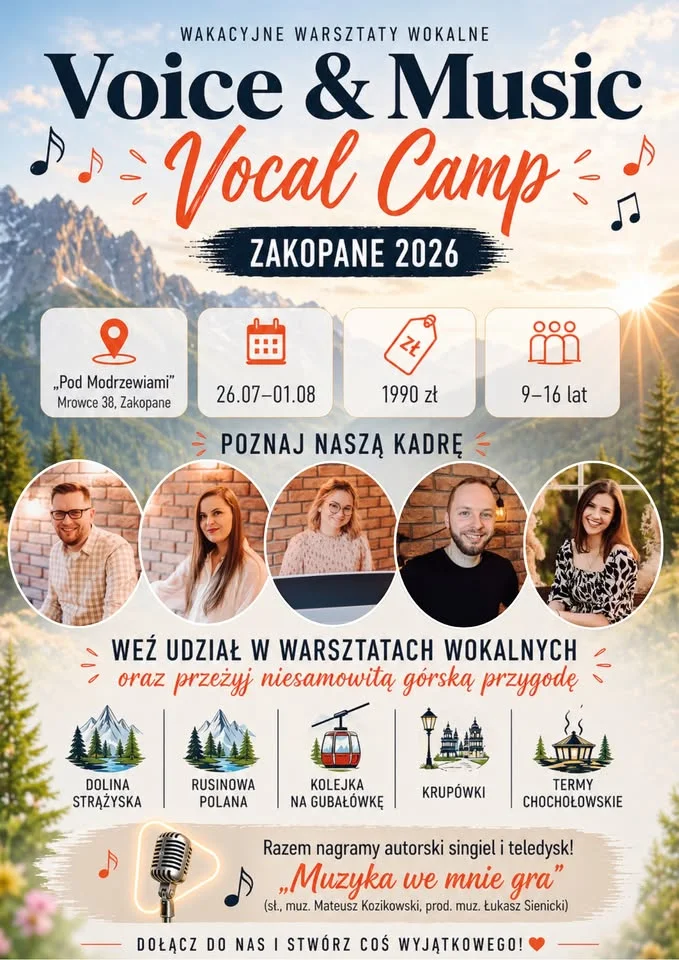 Grafika promocyjna wydarzenia Voice & Music Vocal Camp Zakopane 2026 – wakacyjne warsztaty wokalne w Tatrach