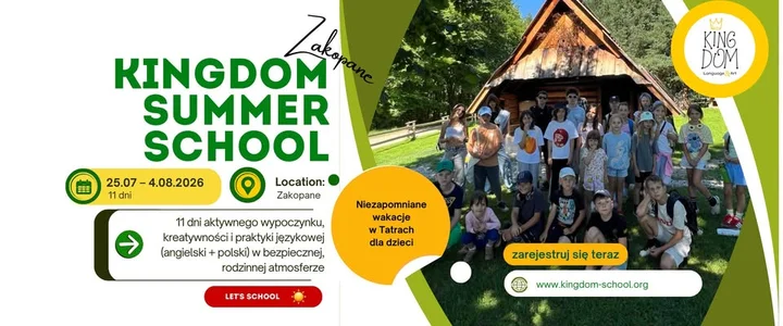 Grafika promocyjna wydarzenia KINGDOM Summer School Zakopane 2026 — szkoła letnia dla dzieci 8–14 lat