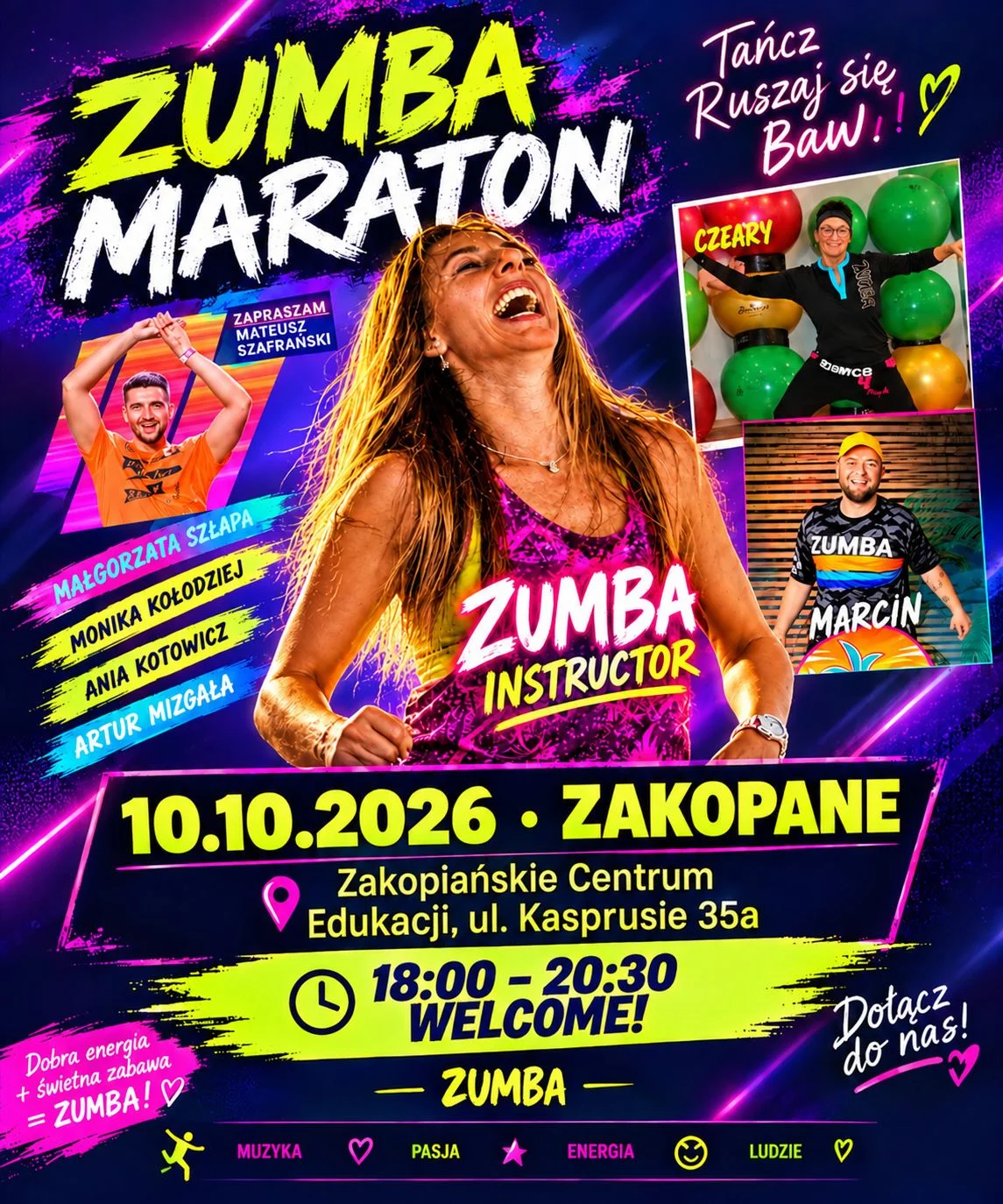 Grafika promocyjna wydarzenia Zumba Maraton Zakopane – taneczny wieczór